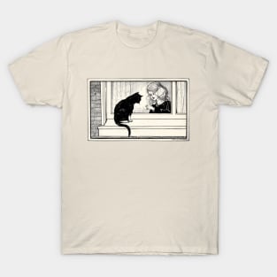 Girl talking to a cat on the windowsill T-Shirt